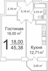Однокомнатная квартира 45.38 м²