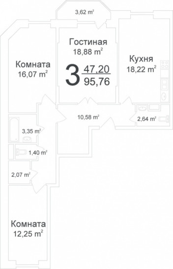 Трёхкомнатная квартира 94.72 м²