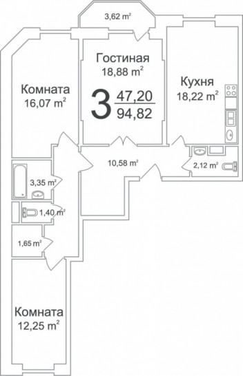 Трёхкомнатная квартира 94.82 м²