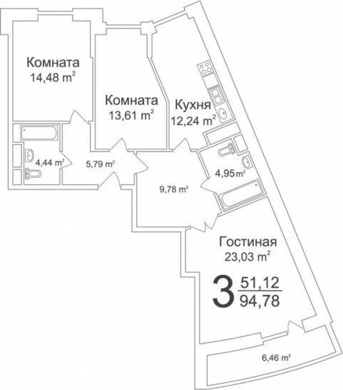 Трёхкомнатная квартира 94.78 м²