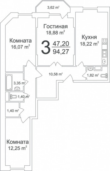 Трёхкомнатная квартира 94.27 м²