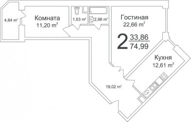 Двухкомнатная квартира 74.99 м²