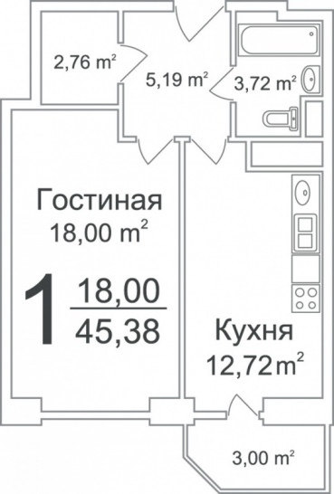 Однокомнатная квартира 45.38 м²