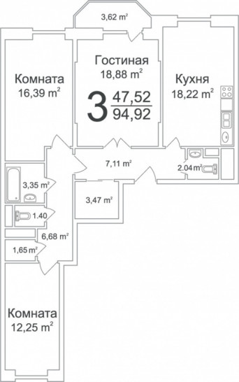 Трёхкомнатная квартира 94.92 м²