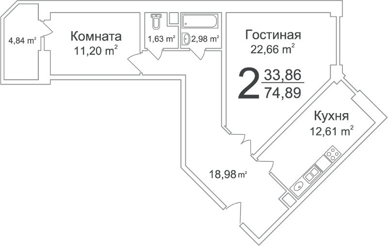 Двухкомнатная квартира 74.89 м²
