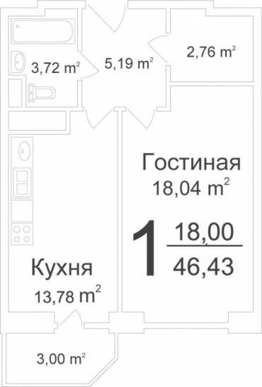 Однокомнатная квартира 46.43 м²