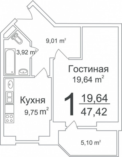 Однокомнатная квартира 47.42 м²